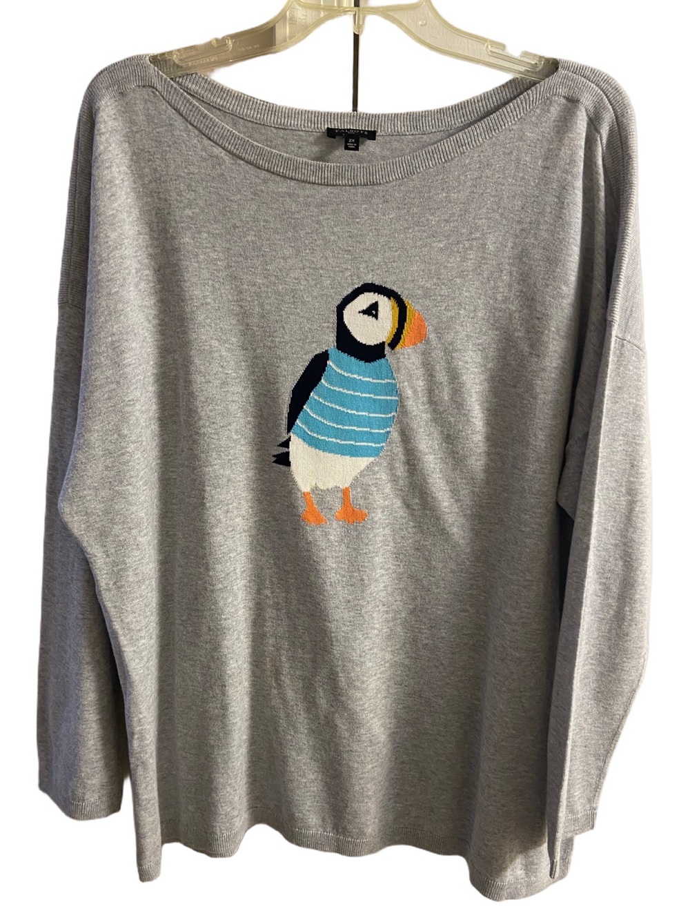 Talbots Puffin Novelty Penguin Knit Sweater Gray Bateau Neck Pullover 2X
